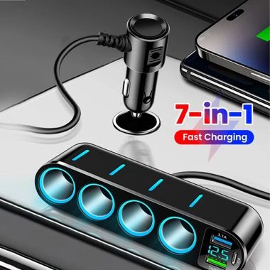 Adaptor priza auto multisocket 120W, 3 soclu auto, 3 USB, Type-C PD 36W, display LED, negru 3