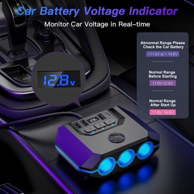 Adaptor priza auto multisocket 120W, 3 soclu auto, 3 USB, Type-C PD 36W, display LED, negru 5