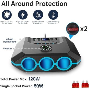 Adaptor priza auto multisocket 120W, 3 soclu auto, 3 USB, Type-C PD 36W, display LED, negru 6