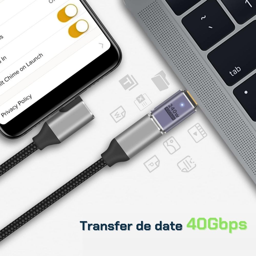 Adaptor USB-C mama la USB-C tata 240W si 40 Gbps, cu audio si video, gri 3