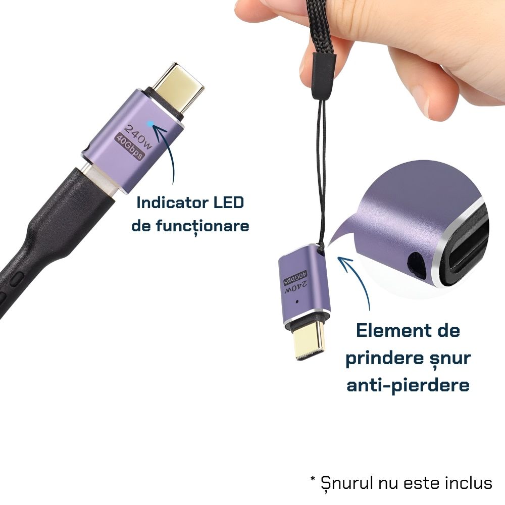Adaptor USB-C mama la USB-C tata 240W si 40 Gbps, cu audio si video, gri 5