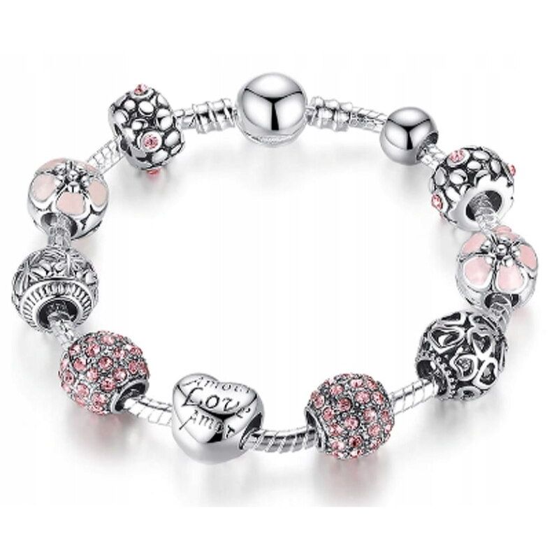 Bratara cu charms Queen din aliaj placat cu argint, 12 talismane, model flori, 18 cm, roz