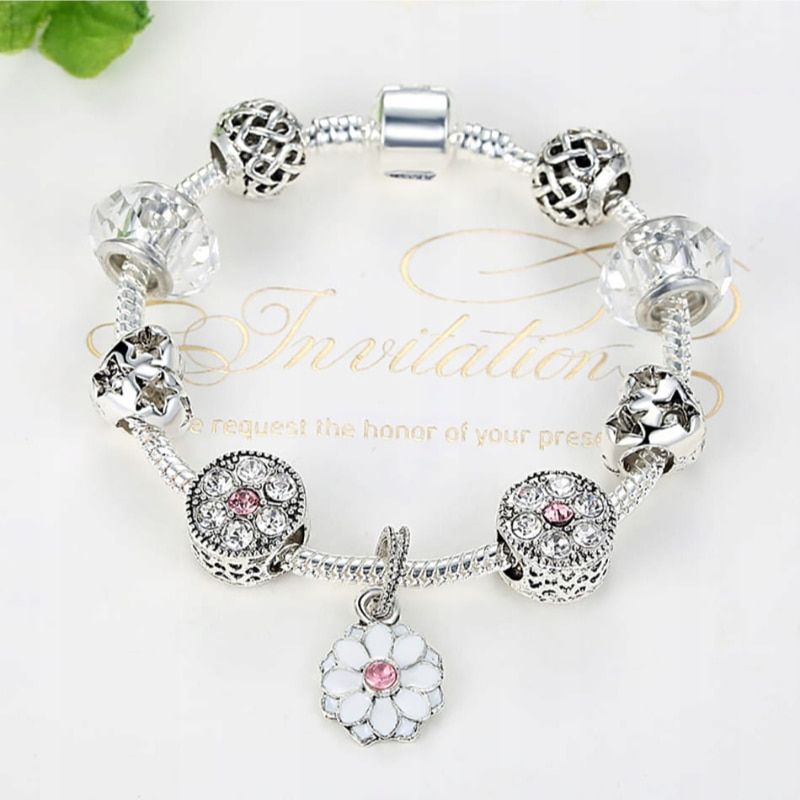 Bratara cu charms Queen din aliaj placat cu argint, 12 talismane, model flori, 18 cm, roz 2