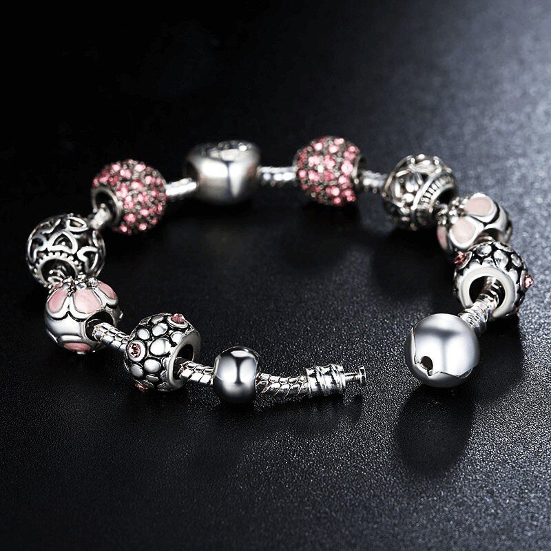 Bratara cu charms Queen din aliaj placat cu argint, 12 talismane, model flori, 18 cm, roz 3
