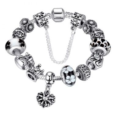 Bratara cu charms Queen din aliaj placat cu argint, 12 talismane, model flori, 18 cm, negru