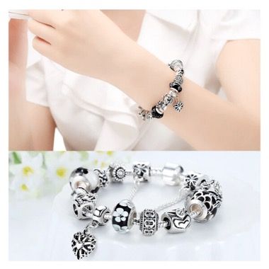 Bratara cu charms Queen din aliaj placat cu argint, 12 talismane, model flori, 18 cm, negru 2