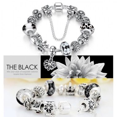 Bratara cu charms Queen din aliaj placat cu argint, 12 talismane, model flori, 18 cm, negru 3
