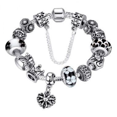 Bratara cu charms Queen din aliaj placat cu argint, 12 talismane, model flori, 18 cm, negru 4
