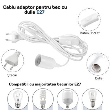 Cablu cu dulie E27 si stecher, intrerupator on/off, 220V, 1.8 m, alb 4
