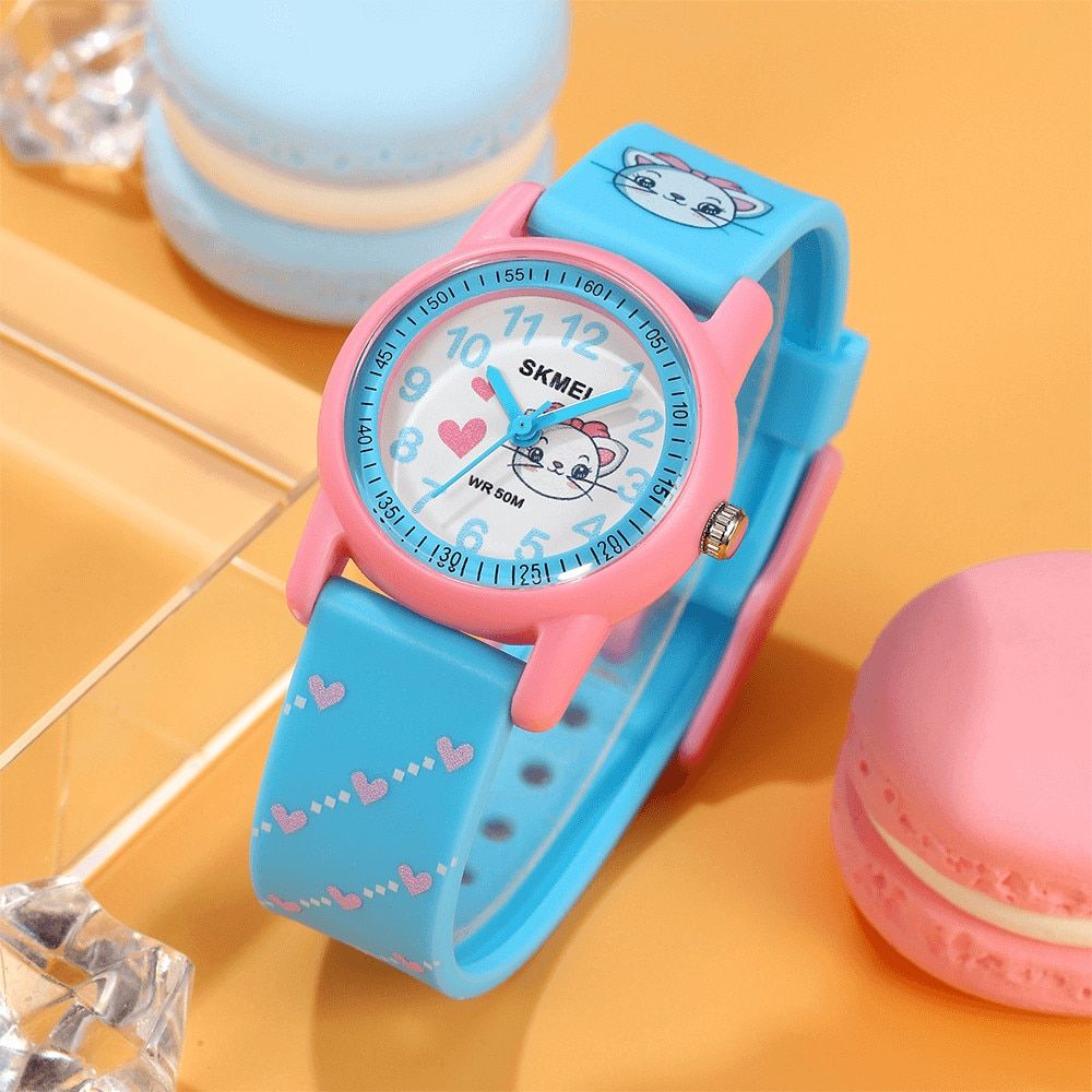 Ceas copii sport SKMEI 2157, analog, waterproof 5ATM, bratara silicon model fluture, alb cu roz 2