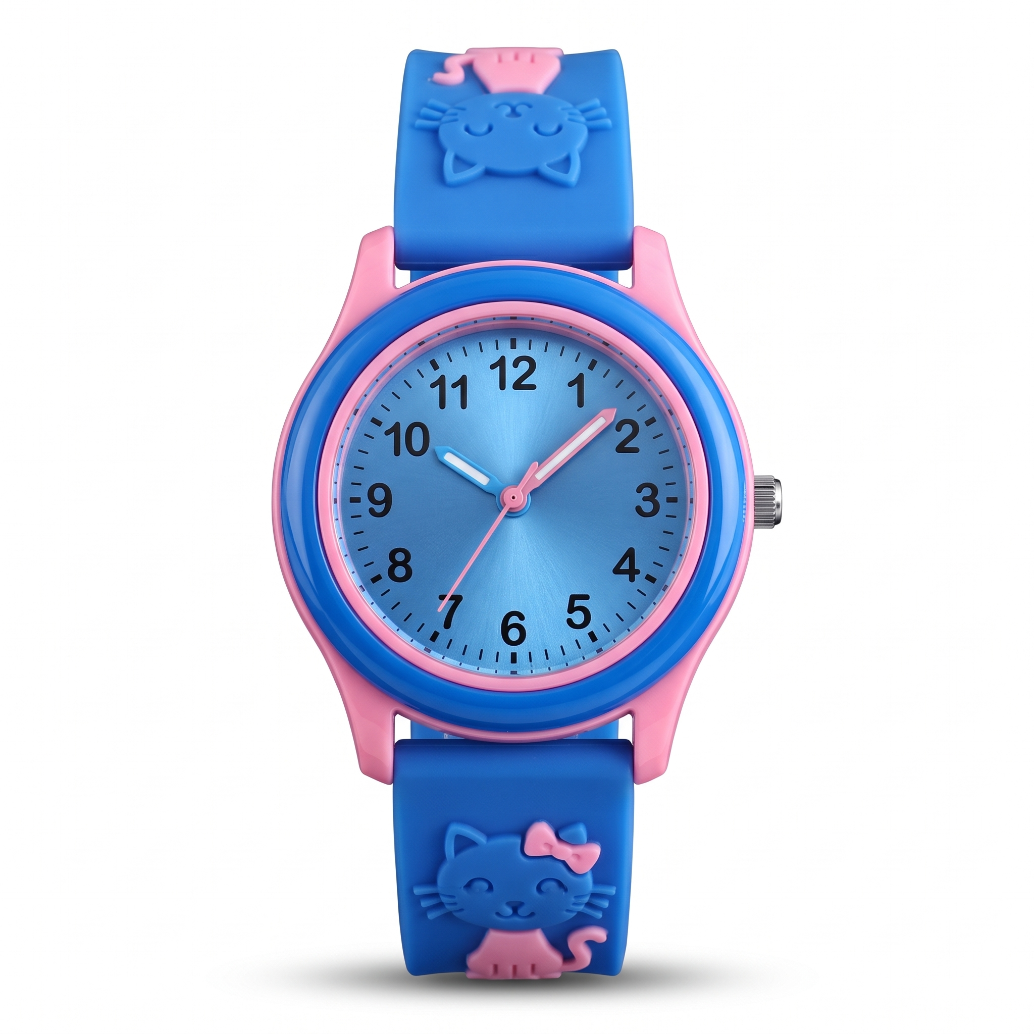Ceas copii sport SKMEI 2157, analog, waterproof 5ATM, bratara silicon model pisica, albastru cu roz