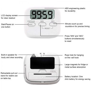 Cronometru digital de bucatarie cu alarma si 3 moduri de fixare, alb 4