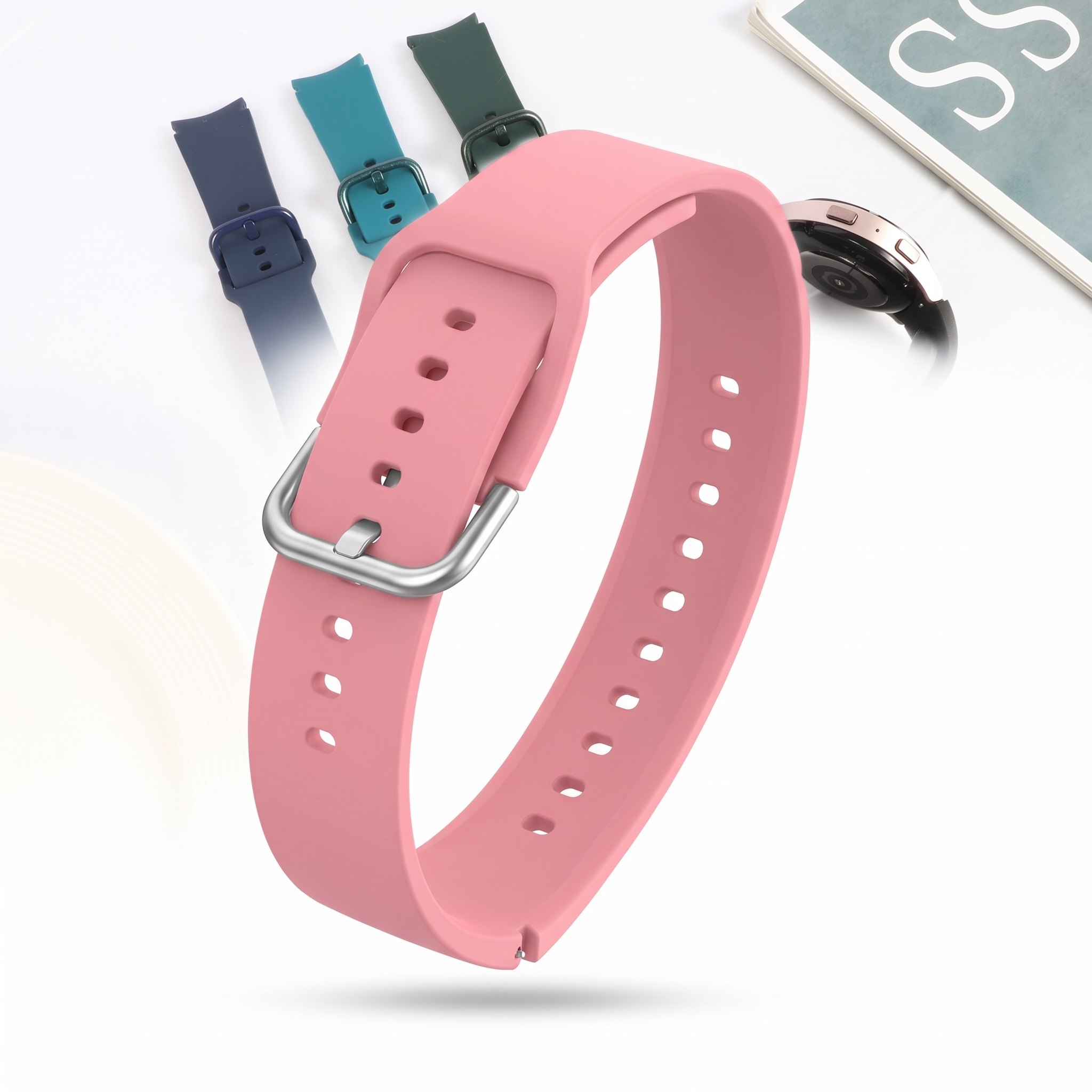 Curea universala 20 mm din silicon pentru Galaxy Watch 6, 5 si 4, roz