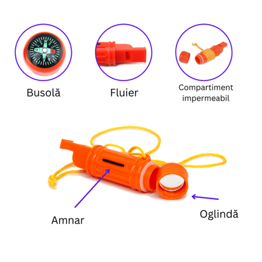 Fluier de supravietuire multifunctional cu busola, amnar si oglinda, portocaliu 4