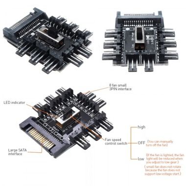 Hub splitter SATA la 8 ventilatoare 3 sau 4 pini, cu 3 viteze si LED, negru 4