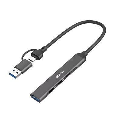 Hub USB Onten 4 in 2, adaptor USB A si USB-C la 1x USB 3.0 si 3x USB-C, carcasa aluminiu
