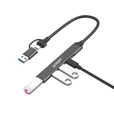 Hub USB Onten 4 in 2, adaptor USB A si USB-C la 1x USB 3.0 si 3x USB-C, carcasa aluminiu 3