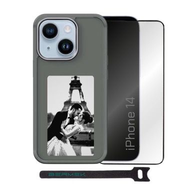 Husa Bermek iPhone 14 cu ecran E-Ink NFC, silicon si folie sticla, negru