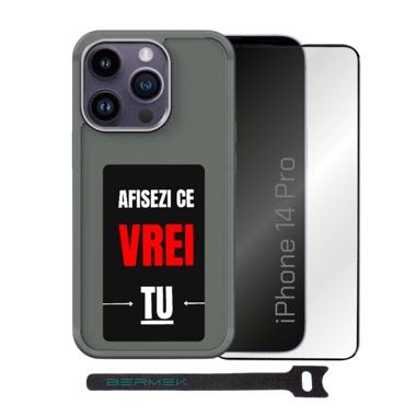 Husa Bermek iPhone 14 Pro cu ecran E-Ink NFC, silicon si folie sticla, negru