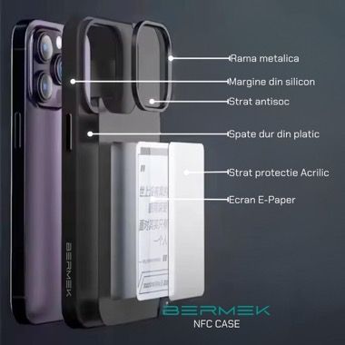 Husa Bermek iPhone 14 Pro cu ecran E-Ink NFC, silicon si folie sticla, negru 5
