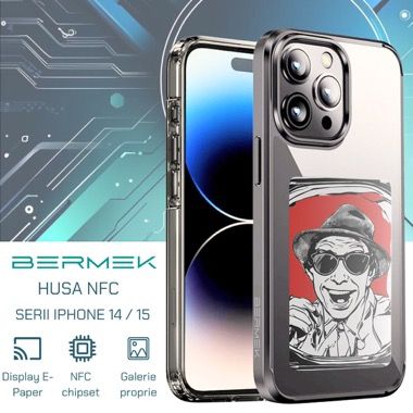 Husa Bermek iPhone 14 Pro Max cu ecran E-Ink NFC, silicon si folie sticla, negru 2