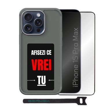 Husa Bermek iPhone 15 Pro Max cu ecran E-Ink NFC, silicon si folie sticla, negru