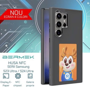 Husa Bermek Samsung Galaxy S24 Ultra cu ecran E-Ink NFC, silicon si folie sticla, negru 3