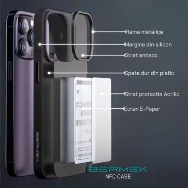 Husa Bermek Samsung Galaxy S24 Ultra cu ecran E-Ink NFC, silicon si folie sticla, negru 7