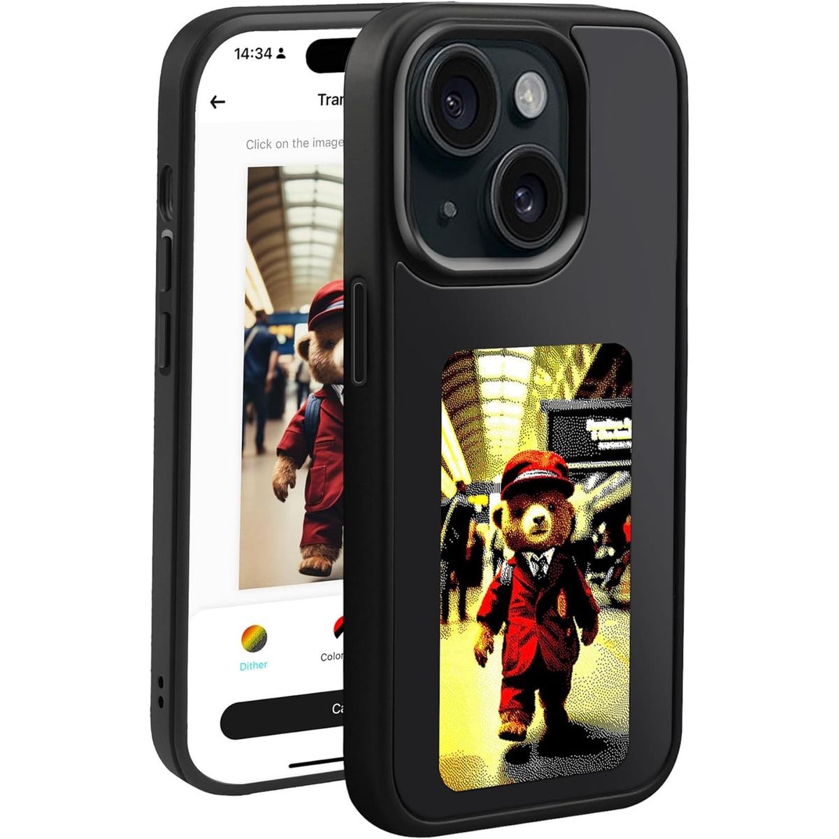 Husa iPhone 15 Bermek NFC cu ecran E-Ink, silicon si folie de sticla, negru