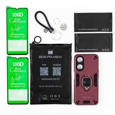 Husa Oppo A78 5G antisoc Bermek cu 2 folii de protectie, visiniu 6