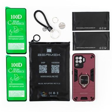 Husa Oppo A94 4G si Reno 5 Lite antisoc Bermek cu 2 folii de protectie, visiniu 6