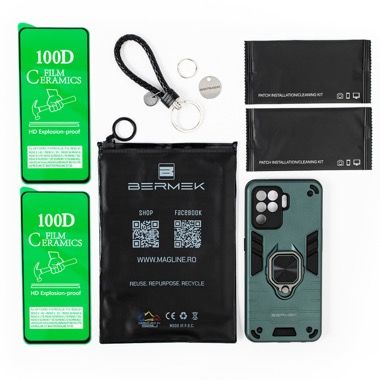 Husa Oppo A94 4G si Reno 5 Lite antisoc Bermek cu 2 folii de protectie, verde 6