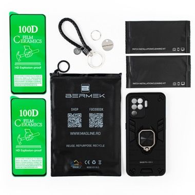 Husa Oppo A94 4G si Reno 5 Lite antisoc neagra cu 2 folii de protectie, Bermek 6