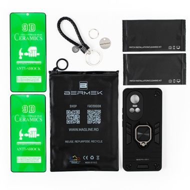 Husa Oppo Reno 10 5G antisoc neagra cu 2 folii de protectie, Bermek