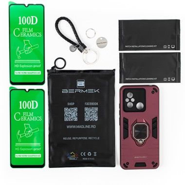 Husa Xiaomi Redmi 12C 4G antisoc Bermek cu 2 folii de protectie, visiniu