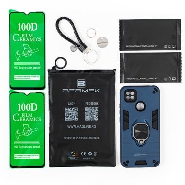 Husa Xiaomi Redmi 9C antisoc albastra cu 2 folii de protectie, Bermek