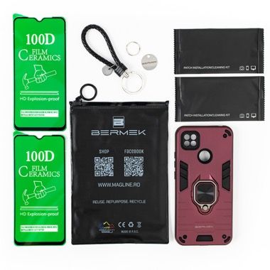 Husa Xiaomi Redmi 9C antisoc Bermek cu 2 folii de protectie, visiniu 6