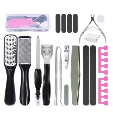 Kit 21 in 1 pentru pedichiura din inox, cu pile si distantiere, negru