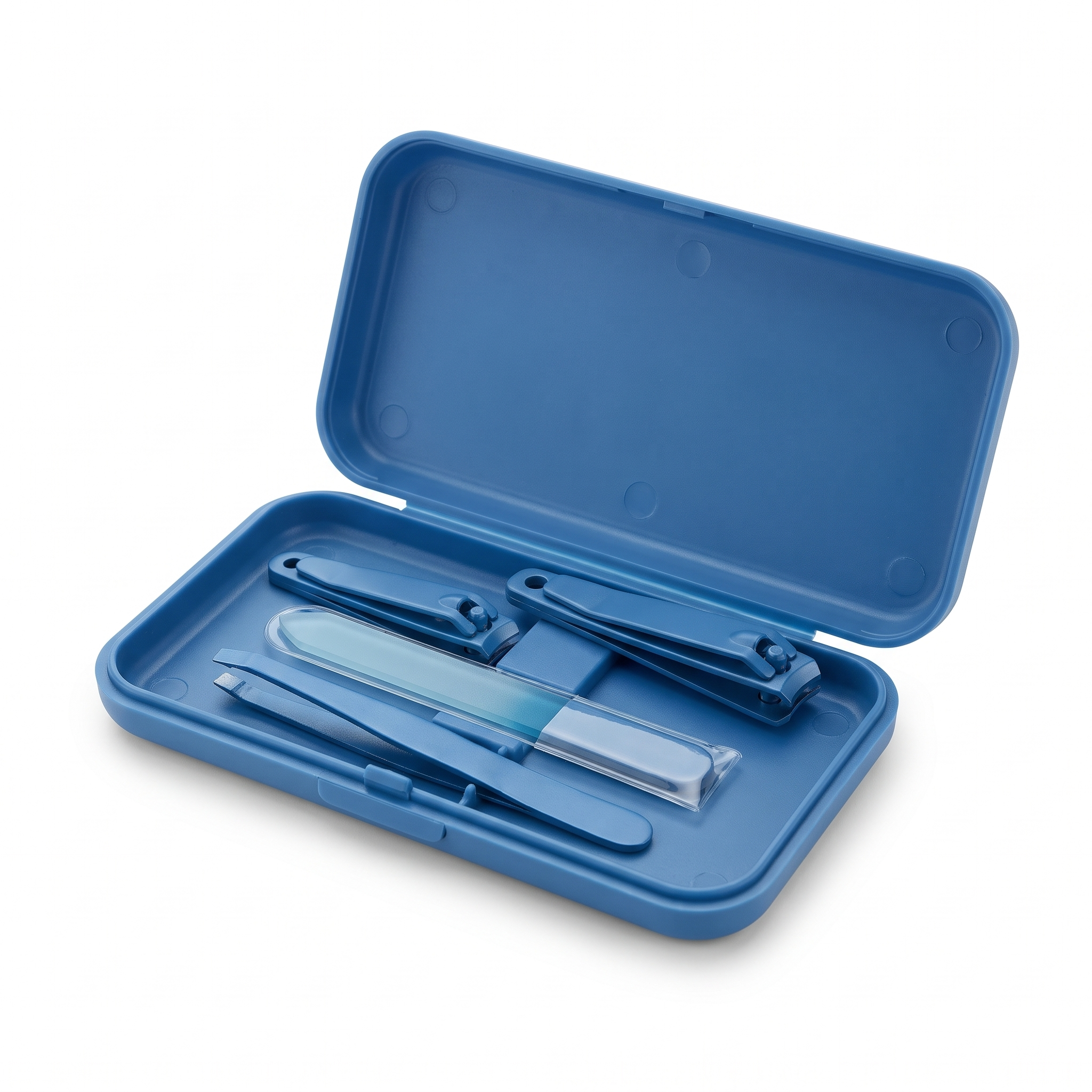 Kit 4 piese manichiura pentru copii, penseta, foarfece, pila de unghii, capsula depozitare, albastru
