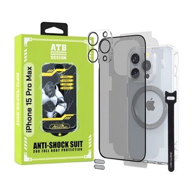 Kit 6 in 1 husa iPhone 15 Pro Max antisoc TPU cu folie sticla privacy si protectie camera, transparent