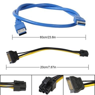 Kit riser card VER006C pentru minat, PCI-E 1X la 16X, cablu SATA la 6 pini si extensie USB 3.0 3