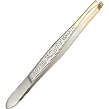 Penseta profesionala pentru sprancene cu varf inclinat, inox, tub de depozitare, auriu