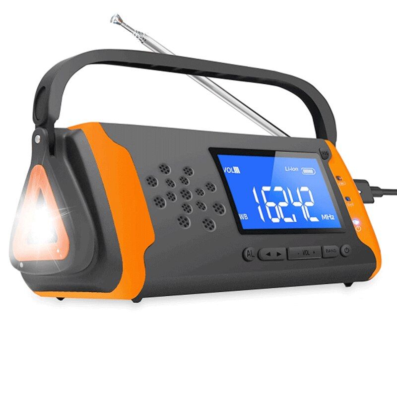 Radio de urgenta FM/AM cu lanterna LED, power bank 2000 mAh, incarcare solara si dinam, rosu
