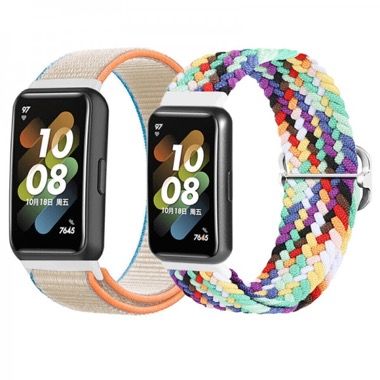 Set 2 curele nylon pentru Huawei Band 7, cu telescop quick release, multicolor si alb