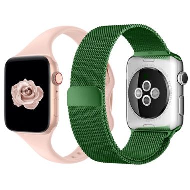 Set 2 curele pentru Apple Watch 38-41 mm, silicon si otel inoxidabil, verde roz deschis