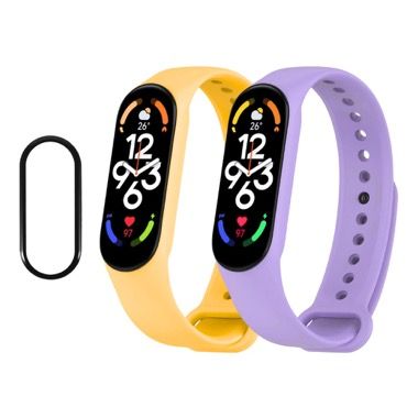 Set 2 curele silicon Bermek si folie 3D pentru Xiaomi Mi Band 4, galben si mov