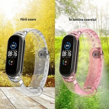 Set 2 curele silicon pentru Xiaomi Mi Band 7, culoare foto-sensibila, transparent si transparent-roz 4