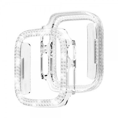 Set 2 huse pentru Apple Watch 4, 5, 6 si SE de 40 mm, rama sticla si bumper cu strasuri, roz-alb si transparent 3