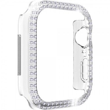 Set 2 huse pentru Apple Watch 4, 5, 6 si SE de 40 mm, rama sticla si bumper cu strasuri, roz-alb si transparent 4