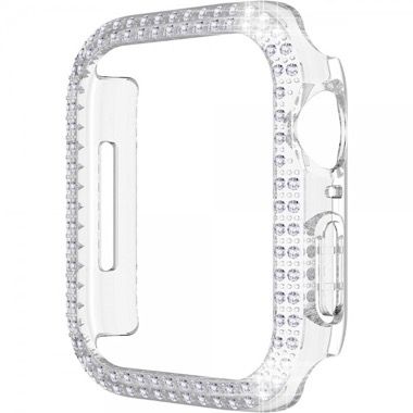 Set 2 huse pentru Apple Watch 4, 5, 6 si SE de 40 mm, rama sticla si bumper cu strasuri, roz-alb si transparent 5